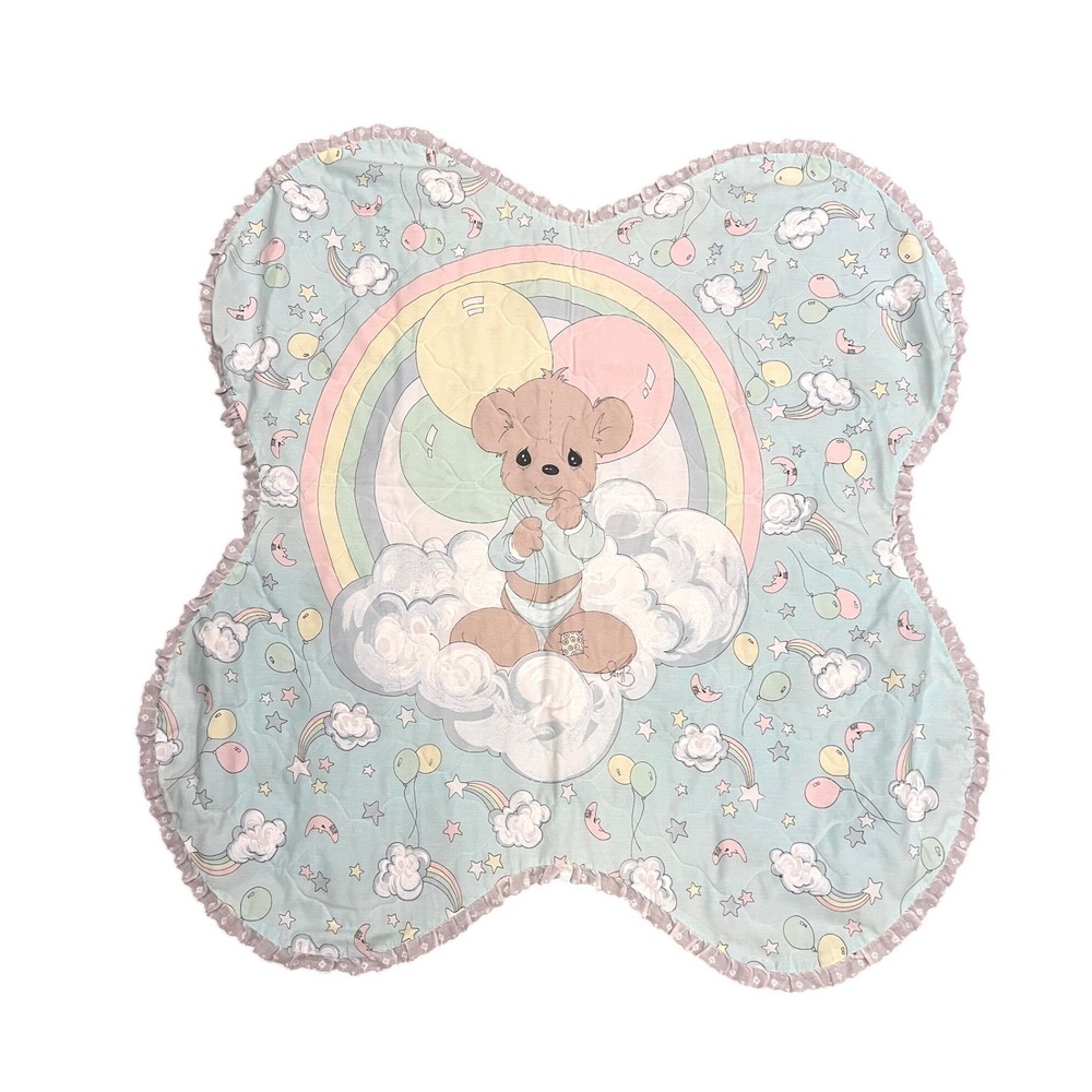 Vintage 90s Precious Moments Quilted Baby Blanket Butterfly Bear